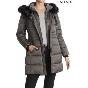 TAHARI NWT FAUX FUR TRIM HOODED BIB ZIP PUFFER SLATE COAT. SIZE S